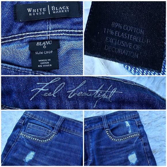Slim Crop Jeans WHBM Blanc Size 6 Distressed Stretch Denim Stud Pocket - Picture 4 of 9